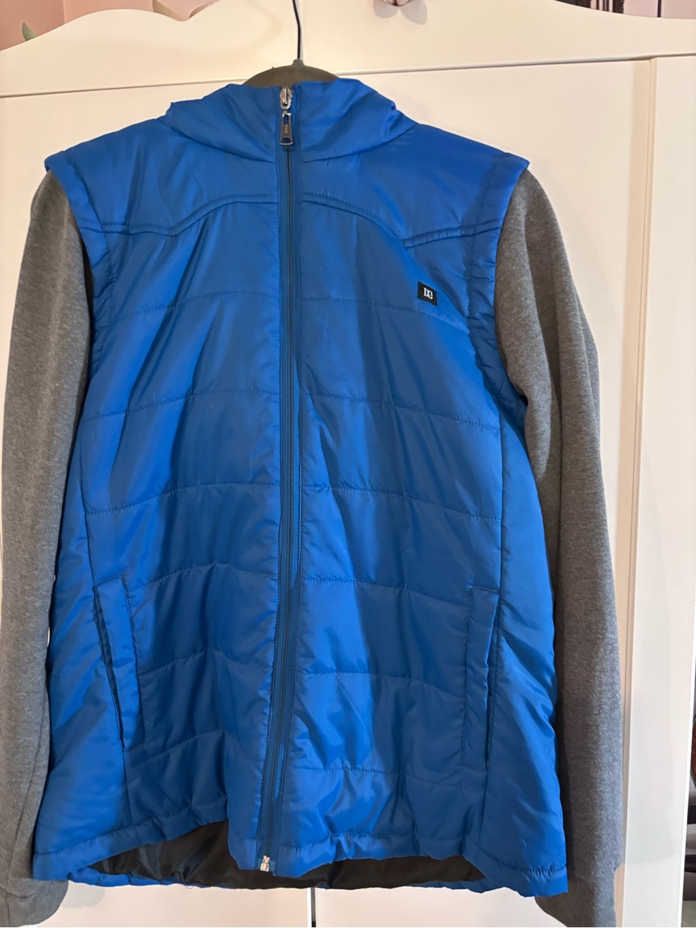DC Blue Hooded Puffer Jacket with Gray Sleeves